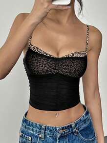SHEIN Essnce Top canotta in rete con stampa leopardata e orlo arricciato, top da donna alla moda e sexy con stampa leopardata e inserti in rete - nero - Visualizzare 2