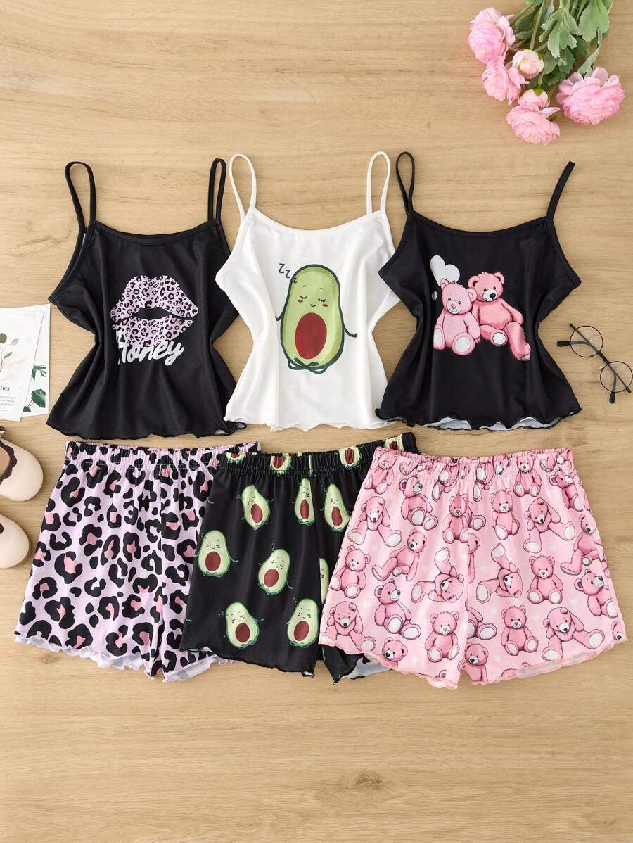 Dozemod 6 件 Tween Girl 可爱简约熊、牛油果、豹纹图案无袖上衣和宽松休闲短裤睡衣套装 - 彩色 - 查看 1