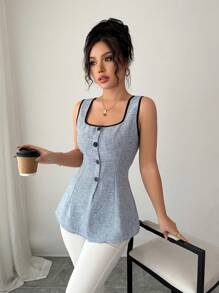 Elenzga 2025 新款复古风格夏季修身拼色方领无袖衬衫 - 霧霾藍 - 查看 4