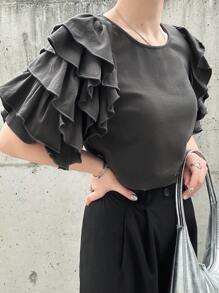 FRIFUL Maglietta casual estiva da donna a maniche corte, collo tondo, in colore unito, con maniche a balze e vestibilità morbida
