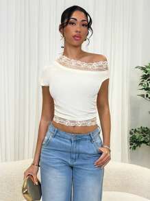 Glamine Women Contrast Lace Asymmetrical Shoulder Casual Basic Daily Slim Fit T-Shirt,Spring/Summer, Easter,Graduation,Summer,Spring,Country Concert,Club Women Sexy Top,Vacation - Apricot - View 7