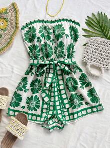 Soleia Green & White Print Halter Romper, Vacation Style - Green - View 4