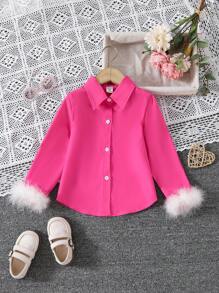 4pcs/Set Young Girl' White Long Sleeve Shirt, Fashionable & Versatile Chic Design, Mom & Me Matching Sets, Spring/Autumn - Hot Pink - View 1
