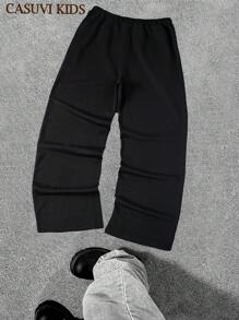 SHEIN Explorewe Casual Teen Boys Plain & Star Print Letter Graphic Long Pants, Versatile For Indoor, Outdoor, SpringSummerFallWinter - Black - View 2