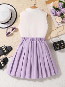 Tween Girls Ruffle Front Button Sleeveless Shirt & Contrast Pleated Skirt Outfit - Violet Purple - View 2