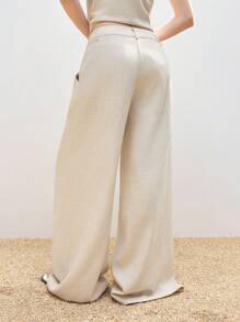 LYSMO 女士纯色褶皱阔腿宽松休闲裤，百搭 - 杏色 - 查看 2