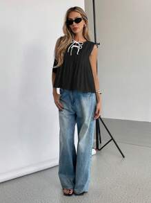 SHEIN Essnce Women's Casual Black Tie Neck Sleeveless Woven Fabric Tank Top With Pleated Details And A Regular Hem