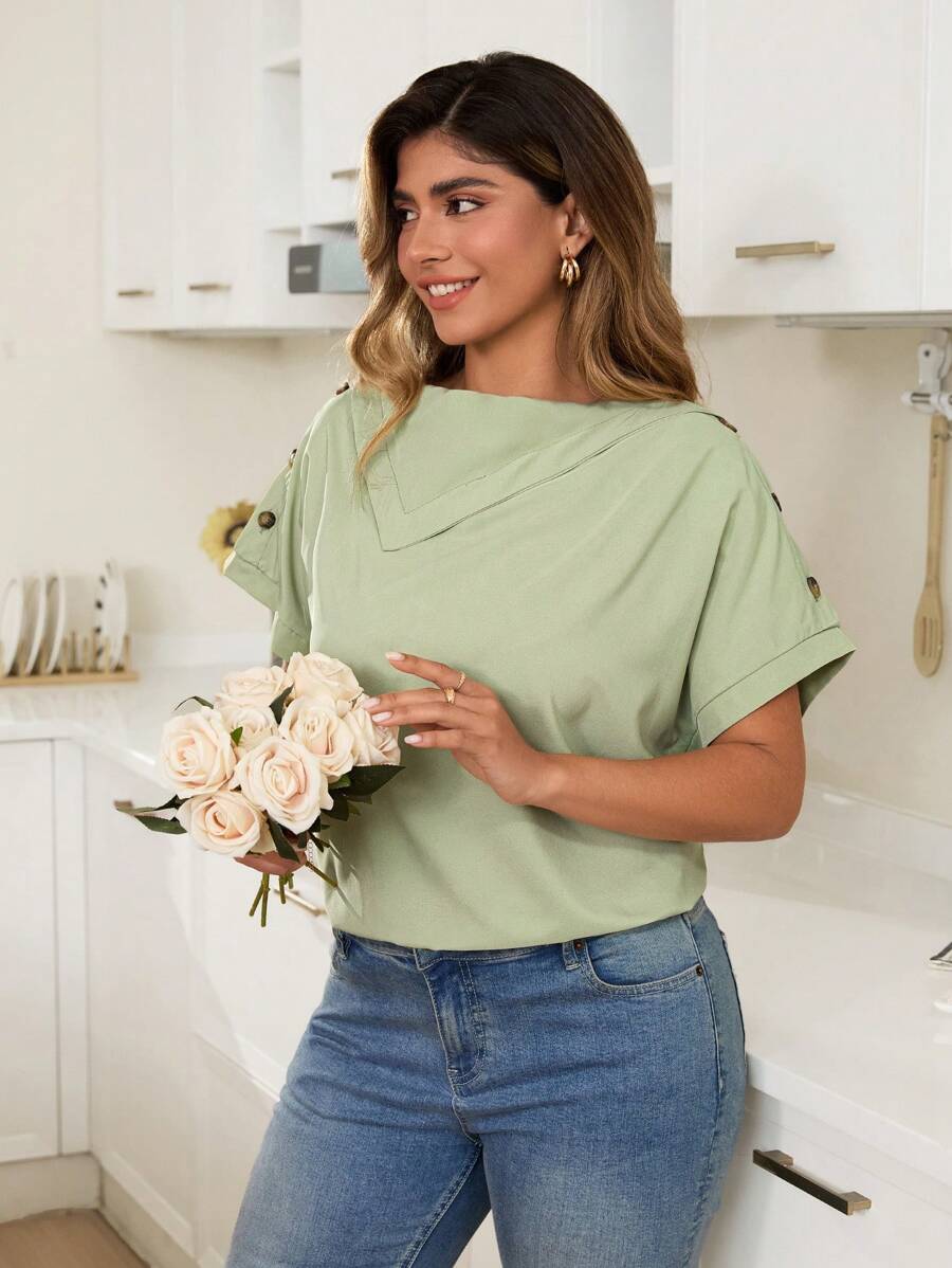 KURAYIA Blusa de manga corta con cuello de bufanda, botón ajustable y decoración de unicolor talla grande para mujer