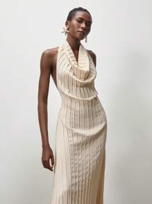 Lumivelle Vestido de mujer fruncido sin espalda con cordón a la cintura, Vestido largo de mujer de cuello de capucha en beige