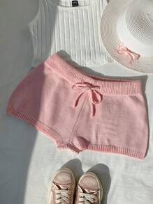 Comfortcana 秋冬纯色抽绳高腰休闲针织短裤 - 西瓜粉 - 查看 4