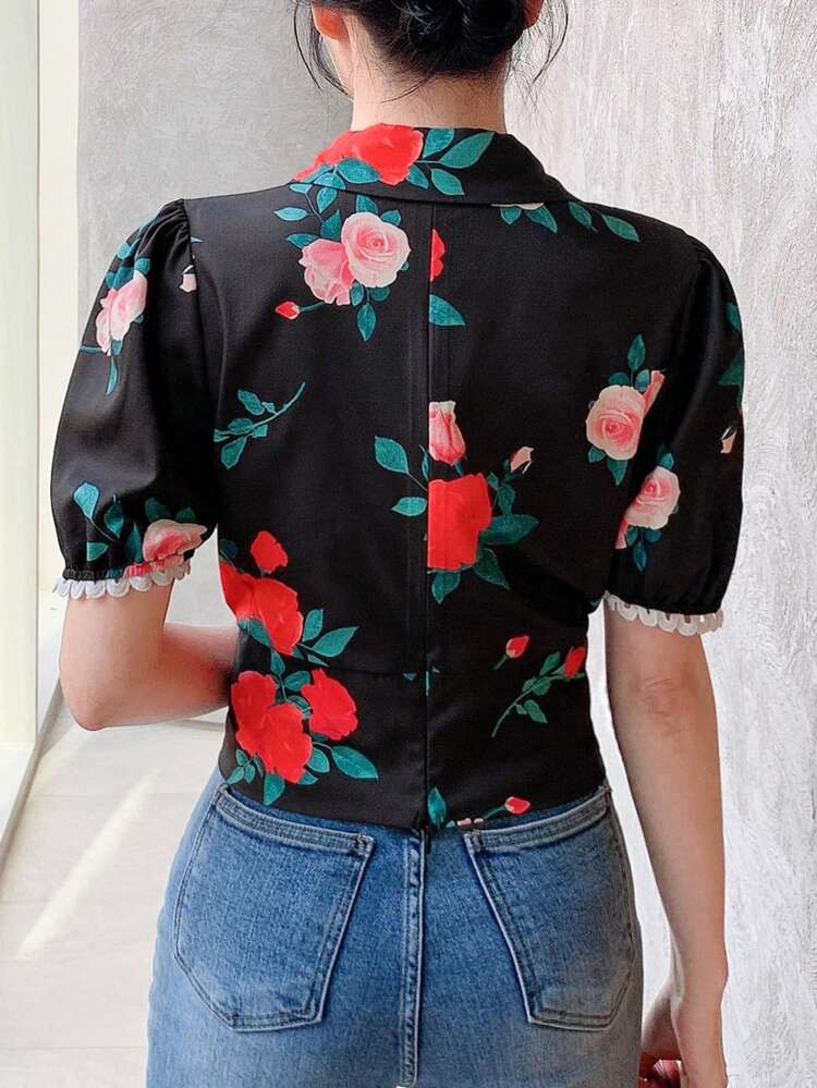 All-Over Flower Polo Collar Puff Sleeve Mixed Lace Cropped Fitted Blouse For Women, Summer Holiday Floral