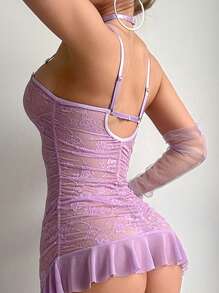 Set de 3 piezas de camisón de lencería sexy de encaje transparente con detalle de volantes para bodas