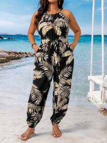 SHEIN Frenchy Plus Size Women Tropical Plant Print Sleeveless Jumpsuit - Multicolor - View 3