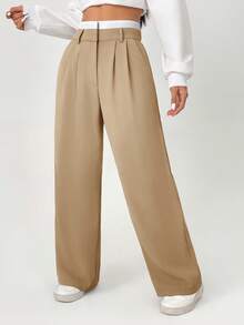 SHEIN PETITE Spring Dress PantsHigh Waist Plicated Detail Wide Leg Suit Pants,Fall