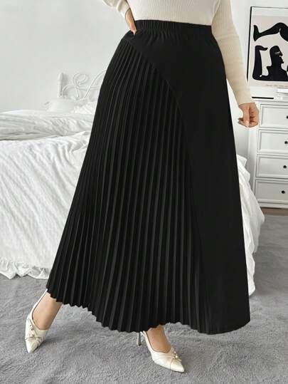 SHEIN Privé Plus Size Spring & Autumn Casual Elegant Commuting Elastic Pleated Asymmetrical Patchwork Loose Hem Midi Skirt, Versatile