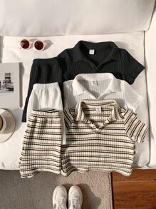 SHEIN 6 Stücke/Set Baby Jungen Sommer Lässig gestreiftes Poloshirt & Shorts Set, geeignet für Geburtstagsfeste, Abendveranstaltungen, Aufführungen, Hochzeit, Taufe und 1. Geburtstagsfeier, Babyparty