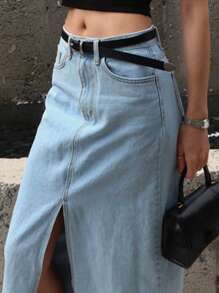 Strévra 女式休闲破洞下摆长款牛仔裙牛仔裙