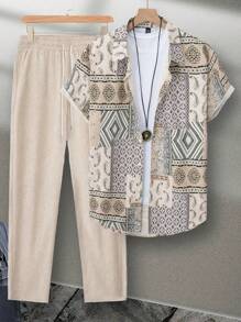 Manfinity Homme 大码男士全印花短袖衬衫和短裤套装，适合夏季度假