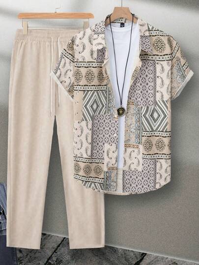 Manfinity Homme Plus Size Men's All-Over Print Short Sleeve Shirt And Shorts Suit For Summer Holiday Khaki