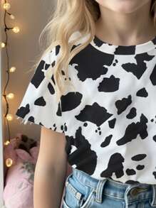 Camiseta informal y elegante con estampado de vaca para niñas, de verano - Multicolor - Ver 3