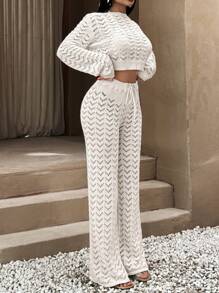SHEIN Vacation V Neck Hollow Out Flare Sleeve Crochet Top & Maxi Wide Leg Relaxed Fit Drawcord Detailed Crochet Knitted Pants 2 Piece Cover Up Set