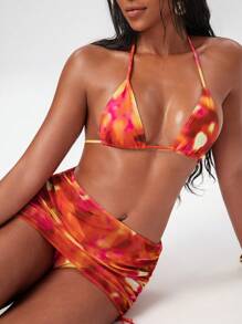 Swim EVENT Women's 3 Pieces Set All Over Print Sunset Gradient Bright Summer Bikini Set With Tie Side Beach Dress - Multicolor - View 3