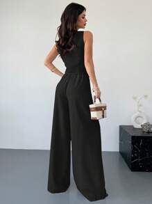 Firerie Conjunto de 2 piezas de primavera para mujer, compuesto por un chaleco asimétrico de textura de lino caqui con hebilla metálica y pantalones anchos de cintura alta estilizantes, un elegante conjunto para ir a trabajar - Negro - Ver 3