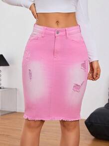 SHEIN EZwear Casual Washed Ripped Hem Fitted Denim Mini Skirt - Pink - View 4