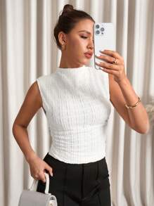 SHEIN Clasi 提花优雅肩章立领修身背心，优雅 - 白色 - 查看 3
