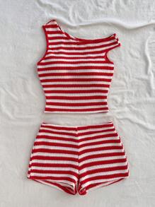 Soleia (No Chest Padding)Plus Size Women Red And White Stripe Knit Asymmetrical Neck Top & Low Waist Skinny Shorts 2 Pieces Set, - Red and White - View 6