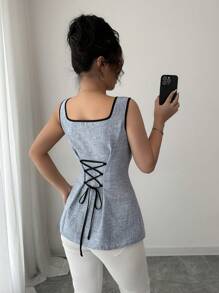 Elenzga 2025 新款复古风格夏季修身拼色方领无袖衬衫 - 霧霾藍 - 查看 2