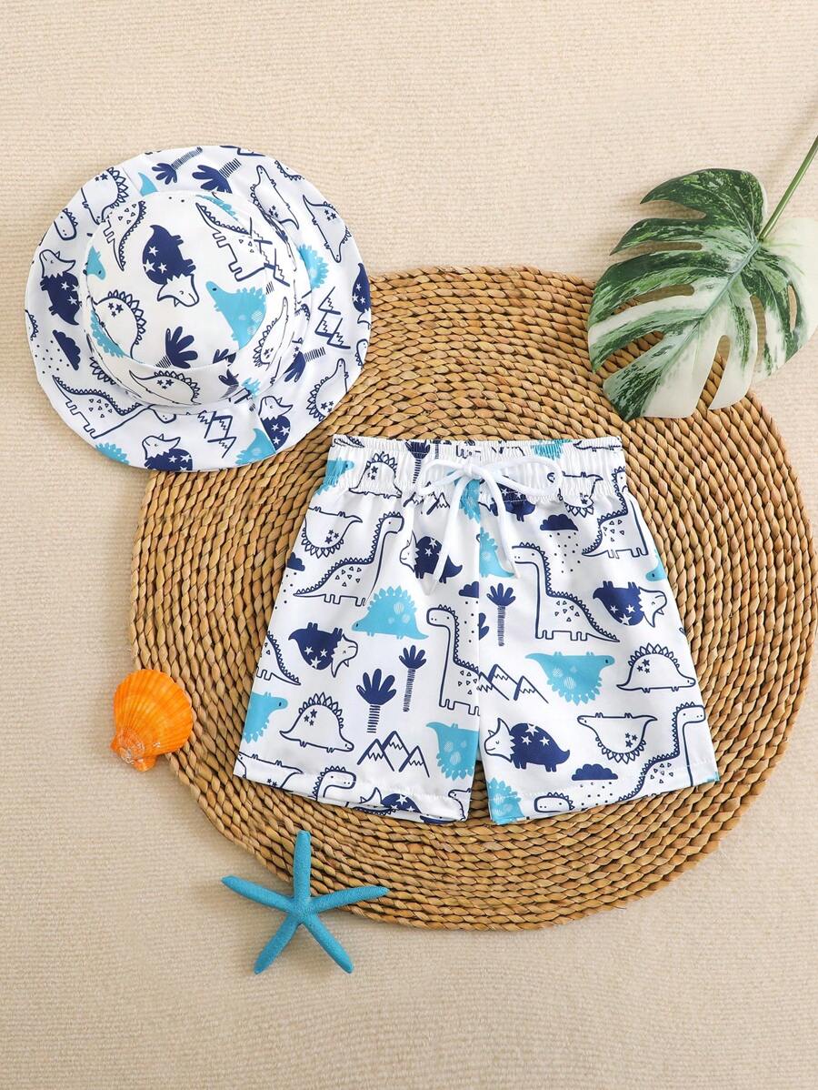 SHEIN 男婴沙滩可爱恐龙印花沙滩短裤和太阳帽