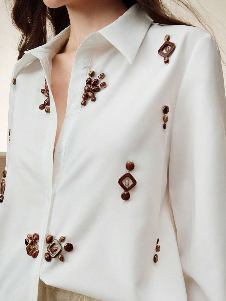 Anewsta 女士手工木珠装饰度假图案翻领长袖衬衫，春季女装，夏季款 - 白色 - 查看 1