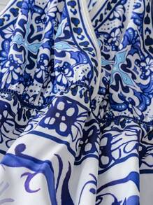 SHEIN LUNE Best-Selling Original Blue & White Floral Digital Printed Halter Backless A-Line Sexy Slimming Dress With Neck Tie Decoration, Sleeveless Elegant Vacation Casual Dress, Suitable For Music Festival, Valentine's Day, Thanksgiving, Casual Gathering, Beach Resort, Park Picnic, Daily Wear. Comfortable And Opaque Fabric, High Cost-Effective.