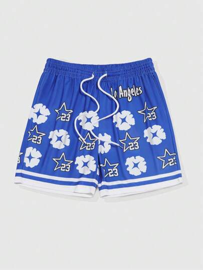 Prep Pantalones cortos casuales para hombre con cintura con cordón y estampado de pentagrama