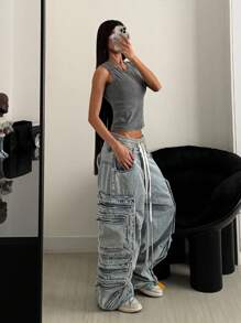 StreetHx Streetwear Women Spring/Summer Solid Color Distressed Washed Vintage Tank Top - Grey - View 7