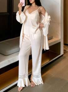 DAZY Bộ 3 món/Bộ áo choàng ren chắp vá tay bèo nhún lãng mạn có thắt lưng, áo hai dây và quần ngủ cho nữ, trang phục thu đông - Màu be - Xem 1