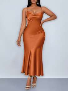 SOLERSUN Plus Size Women's Clothing Hanging Neck, Suspender, Swing Collar, Pocket Collar, Low Waist, Cross Open Back, Fishtail, Long Green Matcha Green Dress, Sexy And Elegant Party Dress, Sisters Evening Dress, Ladies Dress Maxi Satin Women Outfit /Spring Outfits For Women Wedding Guest Dress Women Concert Outfit Women