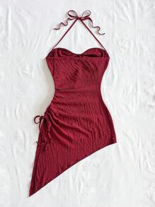 Soleia 度假吊带系带抽绳纹理面料不对称下摆连衣裙 - 酒紅色 - 查看 2
