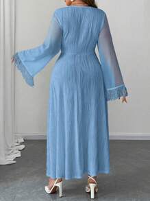 Franclia Vestido de punto texturizado con cuello redondo, mangas de campana y cintura ceñida en corte evasé largo para mujer de talla grande