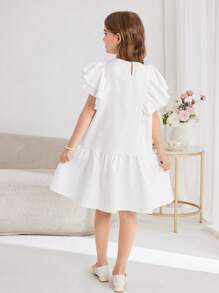 SHEIN Leap Crew Tween Girls Cute Woven Solid Asymmetrical Ruffle Splice Loose Casual Pullover Dress, Adorable Babydoll Dress - White - View 2