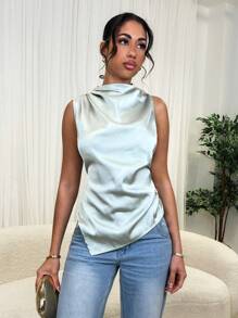 Glamine Blusa in raso finitura satinata color verde salvia con dettagli plissettati, elegante per primavera/estate, resort, invito a matrimonio, pendolarismo semplice, laurea, estate