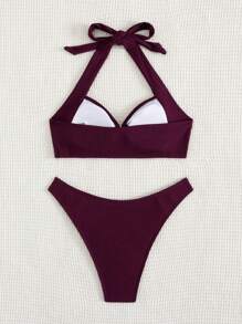 SHEIN Swim Bộ đồ bơi bikini hai mảnh màu trơn cổ yếm cho nữ mùa hè đi biển - Màu Đỏ Sâu - Xem 2