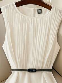 SHEIN PETITE 女士优雅纯色荷叶边夏季连衣裙 - 白色 - 查看 4