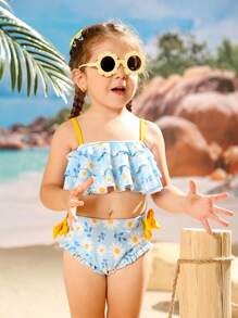 Adorable Girls' Two-Piece Bikini Set With Daisy Print And Ruffle Detailing Perfect For Summer Beach Fun - Multicolor - View 6
