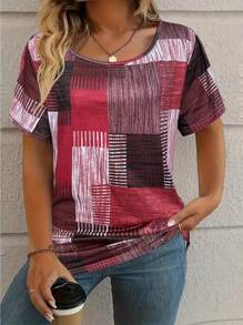 SHEIN LUNE Áo thun cổ tròn tay ngắn in họa tiết khối màu cỡ lớn cho nữ - Nhiều màu - Xem 1