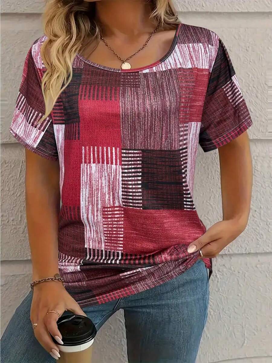 SHEIN LUNE Áo thun cổ tròn tay ngắn in họa tiết khối màu cỡ lớn cho nữ - Nhiều màu - Xem 1