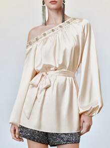 SHEIN LUNE High-End Asymmetrical Shoulder Embellished Long Sleeve Shirt Fall Cloth For Women - Apricot - View 9