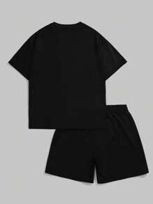 SHEIN 2pcs/Set Teen Boys Casual Short Sleeve T-Shirt And Shorts Set, Streetwear Punk Rock College Leisure Outfit For Party, Music Festival, Suitable For Spring & Summer. Skull English Print, Black - Red - View 3