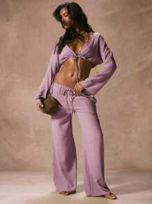 Musera Resort Open Plunge Neck Adjustable Tie Hem Long Sleeve Cropped Shirt Only Beach Cover Up Vacation Spring Summer Elegant Holiday